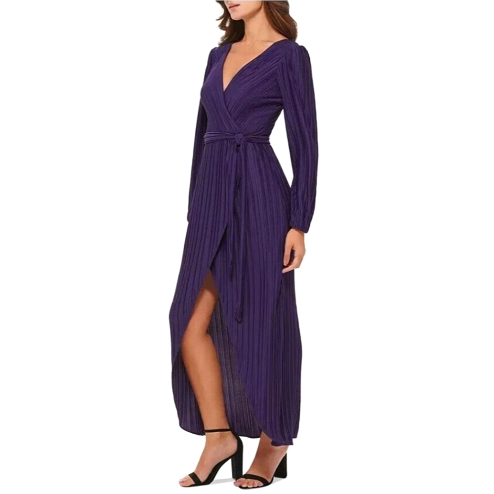 GUESS Women's Pleated Woven Faux-Wrap Maxi Dress, Purple, Size 4
